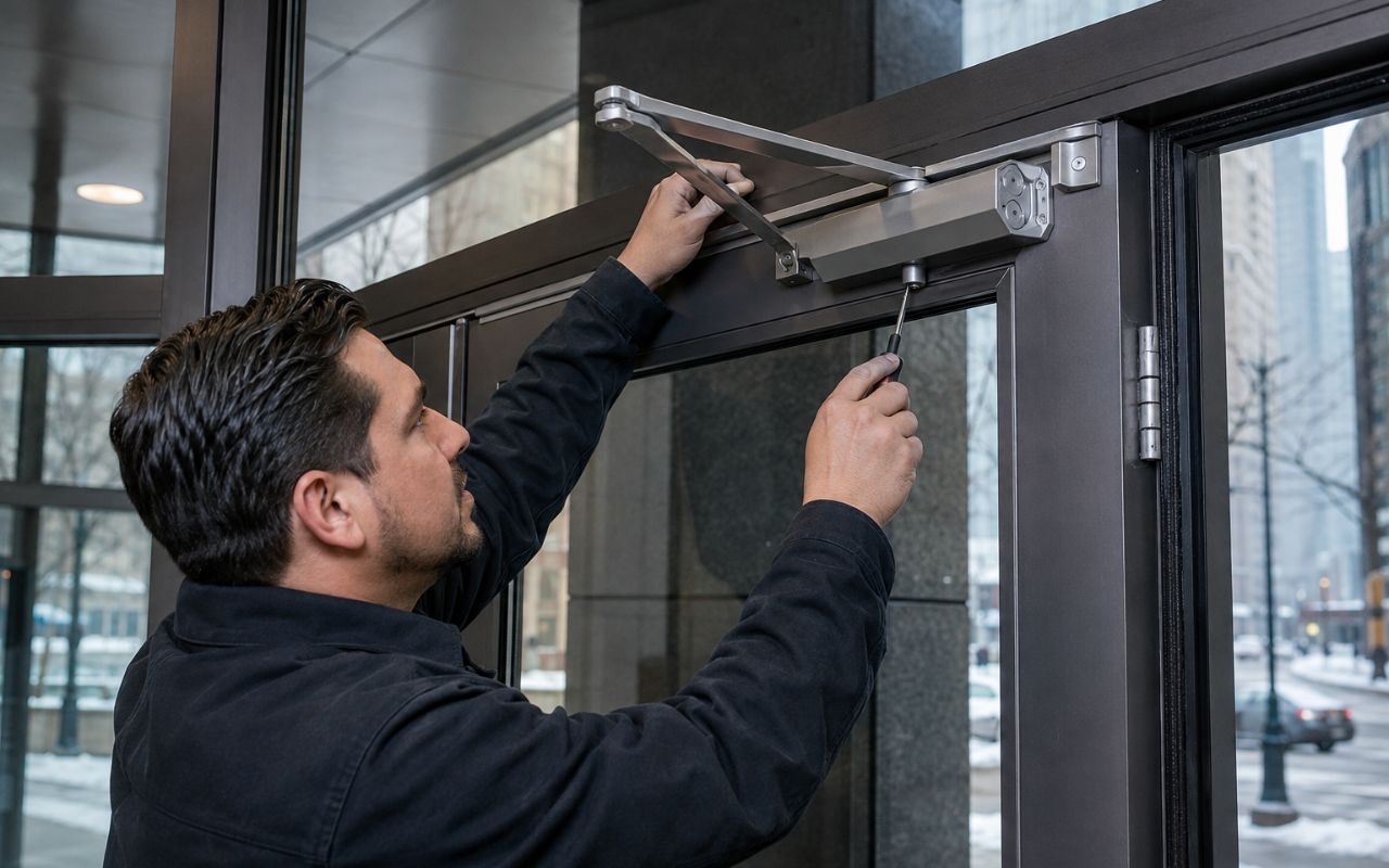 commercial door closer adjustment on a Chicago business entrance