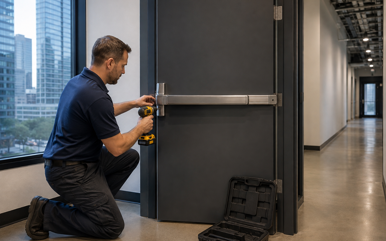 panic bar installation on a commercial exit door in Chicago