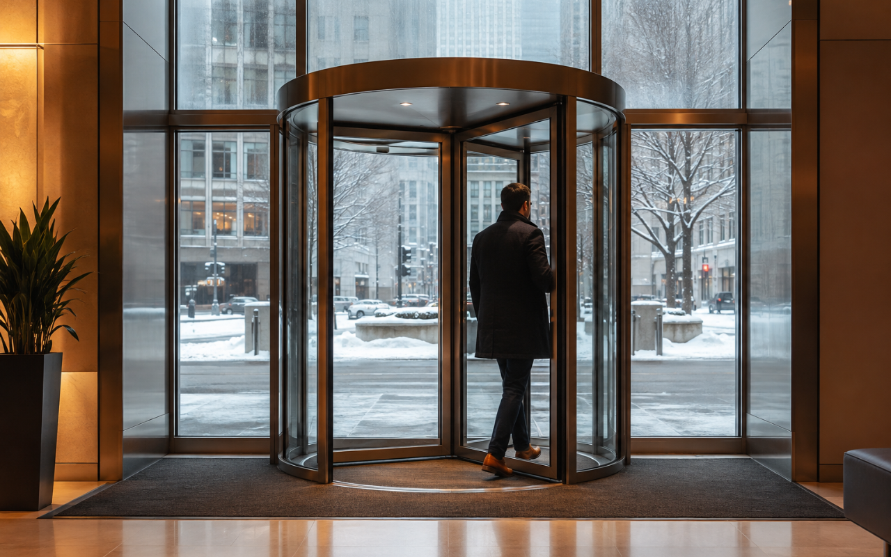 revolving door energy savings at a Chicago commercial lobby