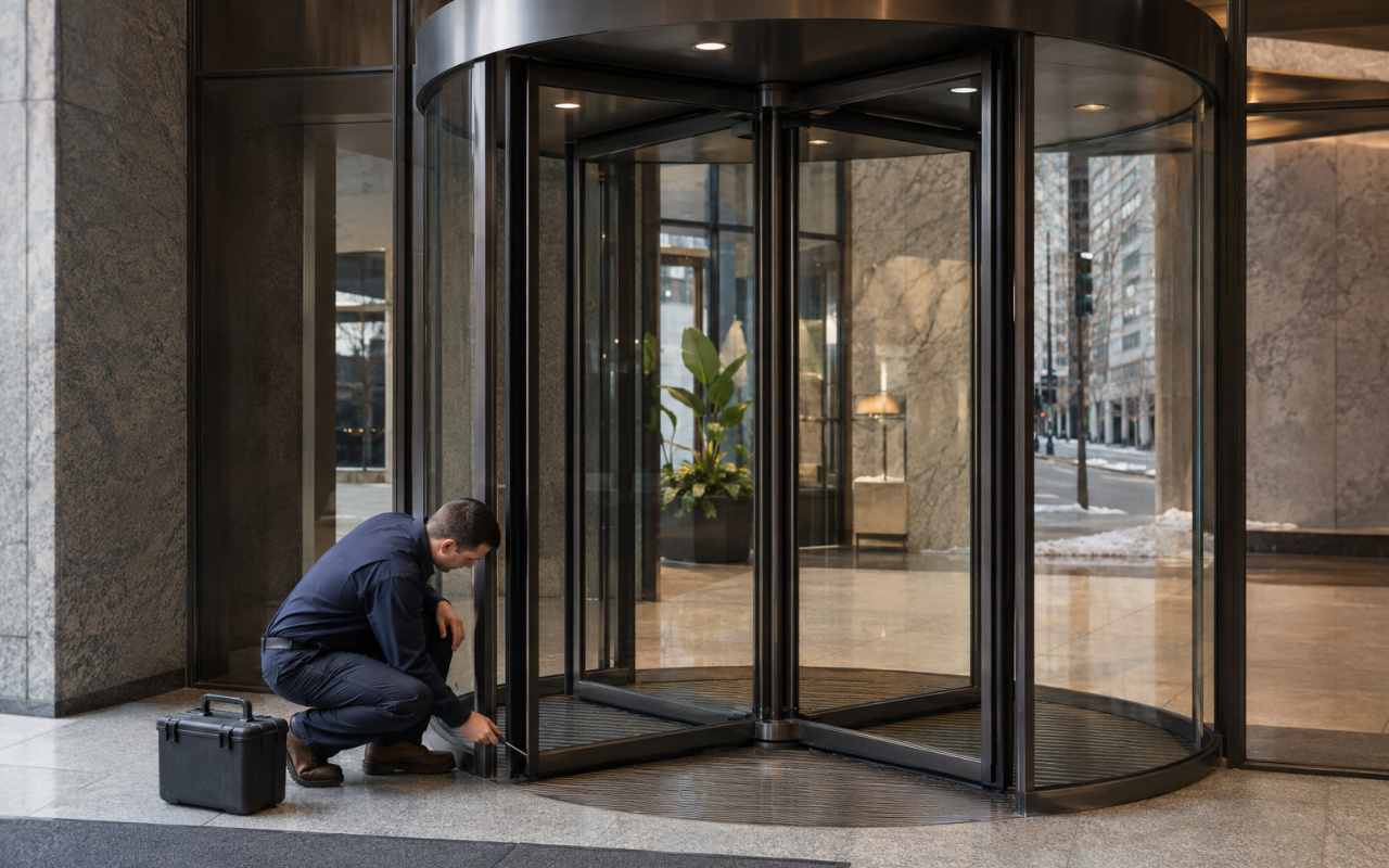 Revolving door maintenance for a commercial entrance in Chicago