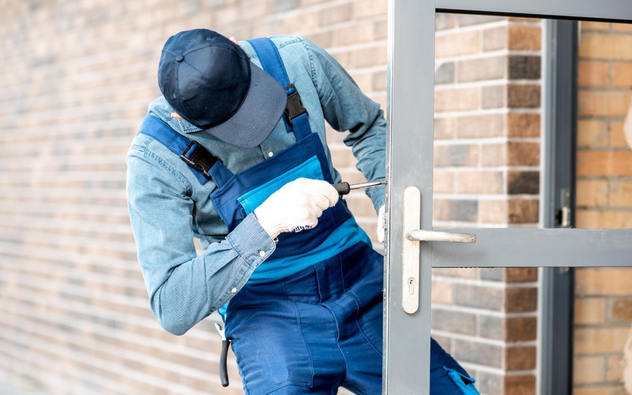 Technician installing secure commercial doors for a Chicago office