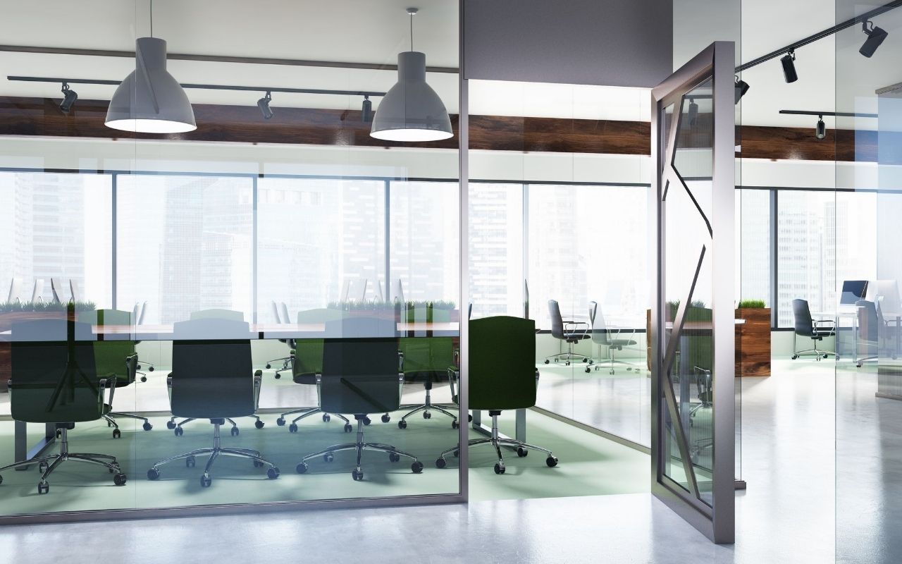 Office entry with safety glass double doors installed