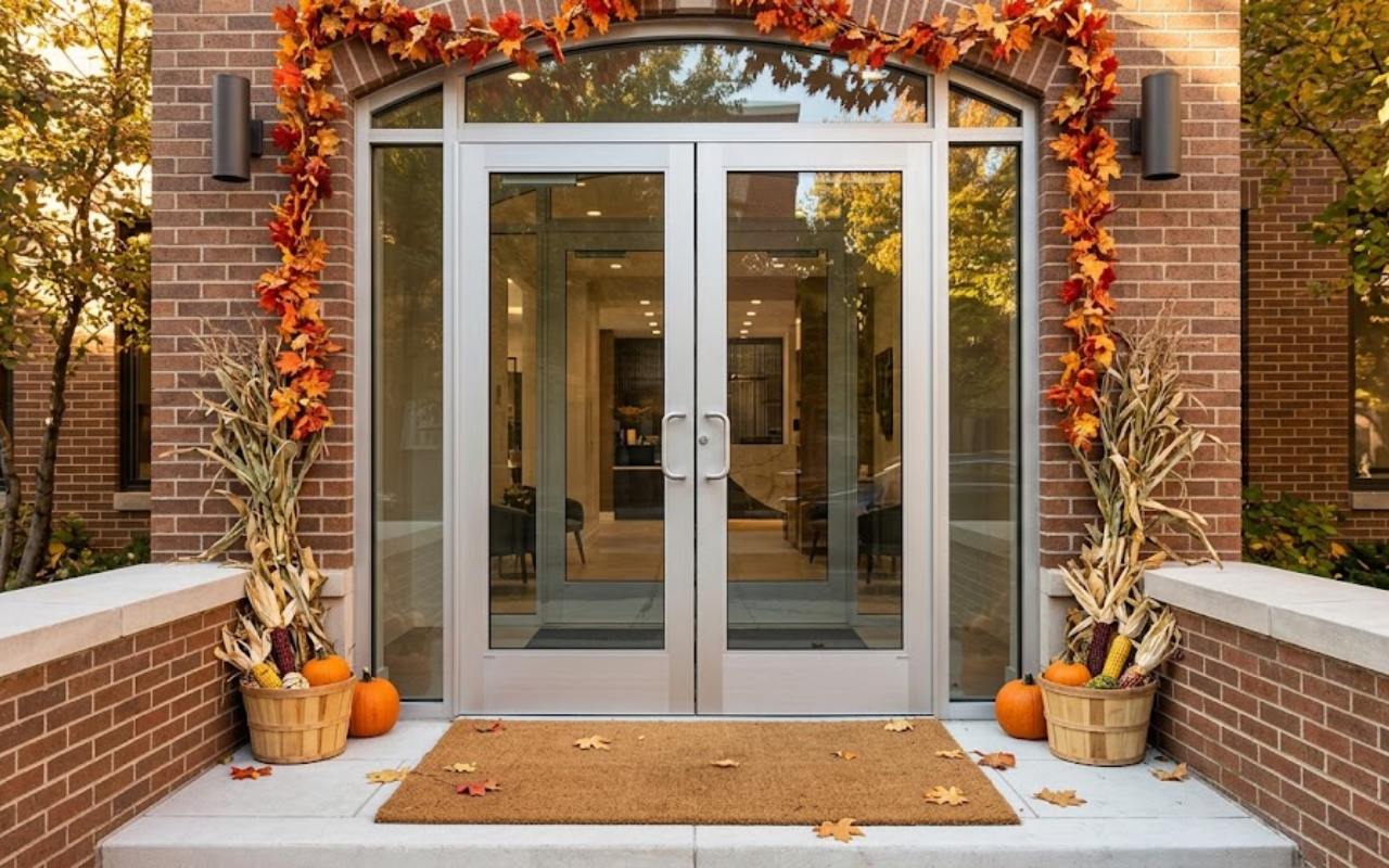 commercial door upgrades for a fall business entrance