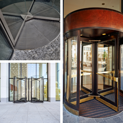 Technician servicing a modern glass revolving door