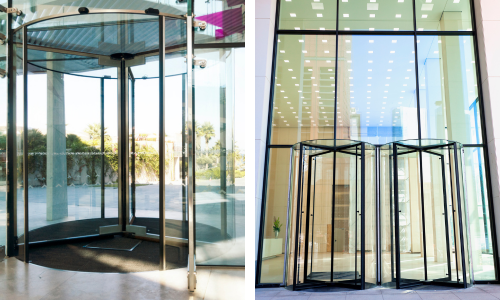 Technician repairing and replacing glass on a revolving door