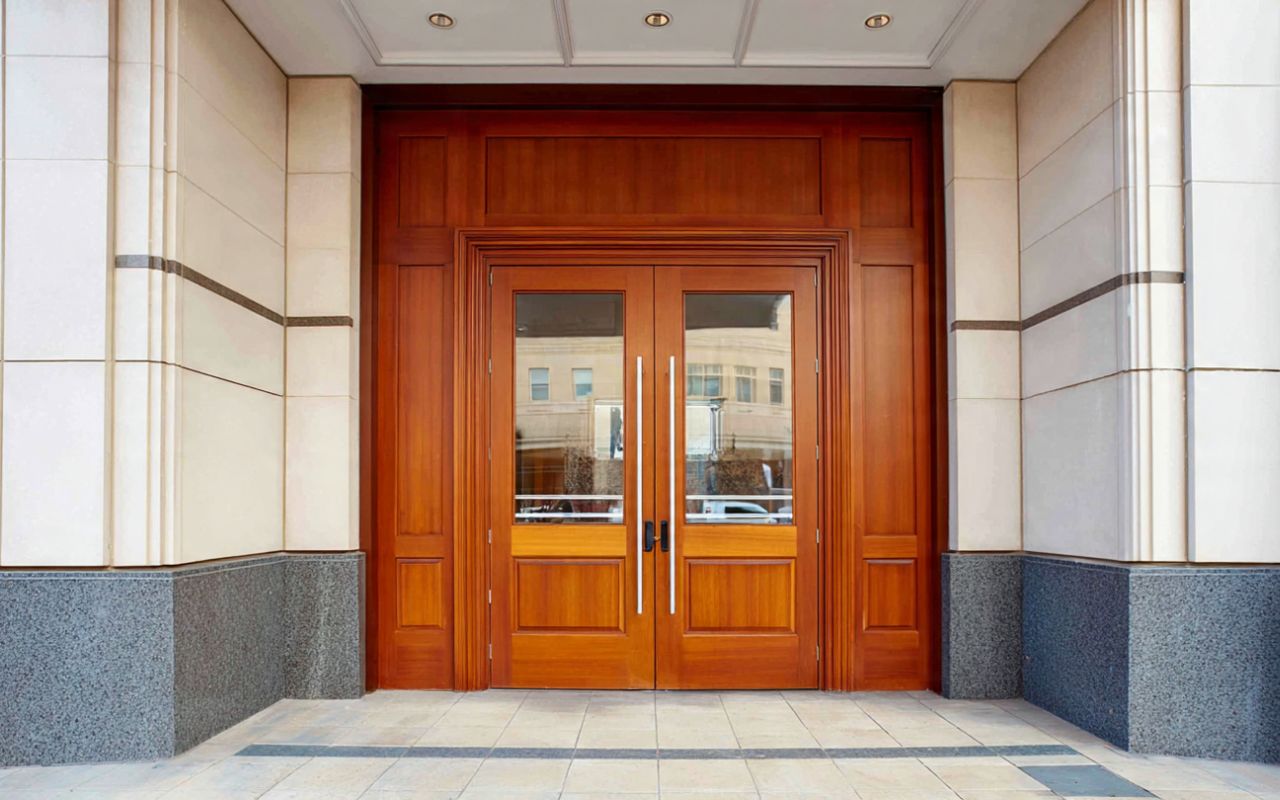 Fire-rated double doors in Chicago at a commercial entryway
