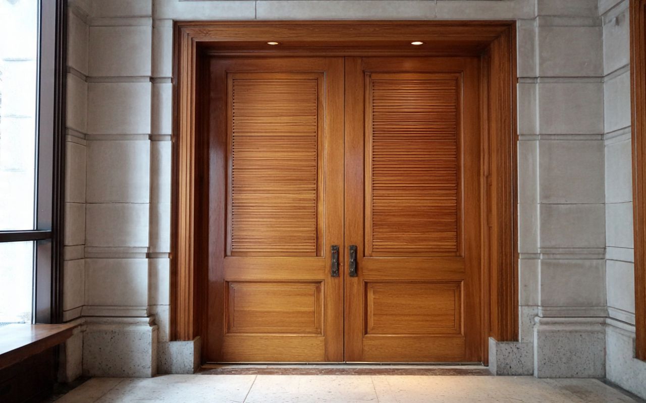 Commercial wood door refinishing in Chicago on lobby doors
