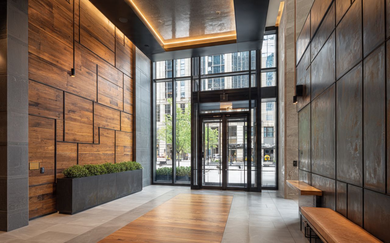 Hollow metal door frames in Chicago in a modern lobby entry
