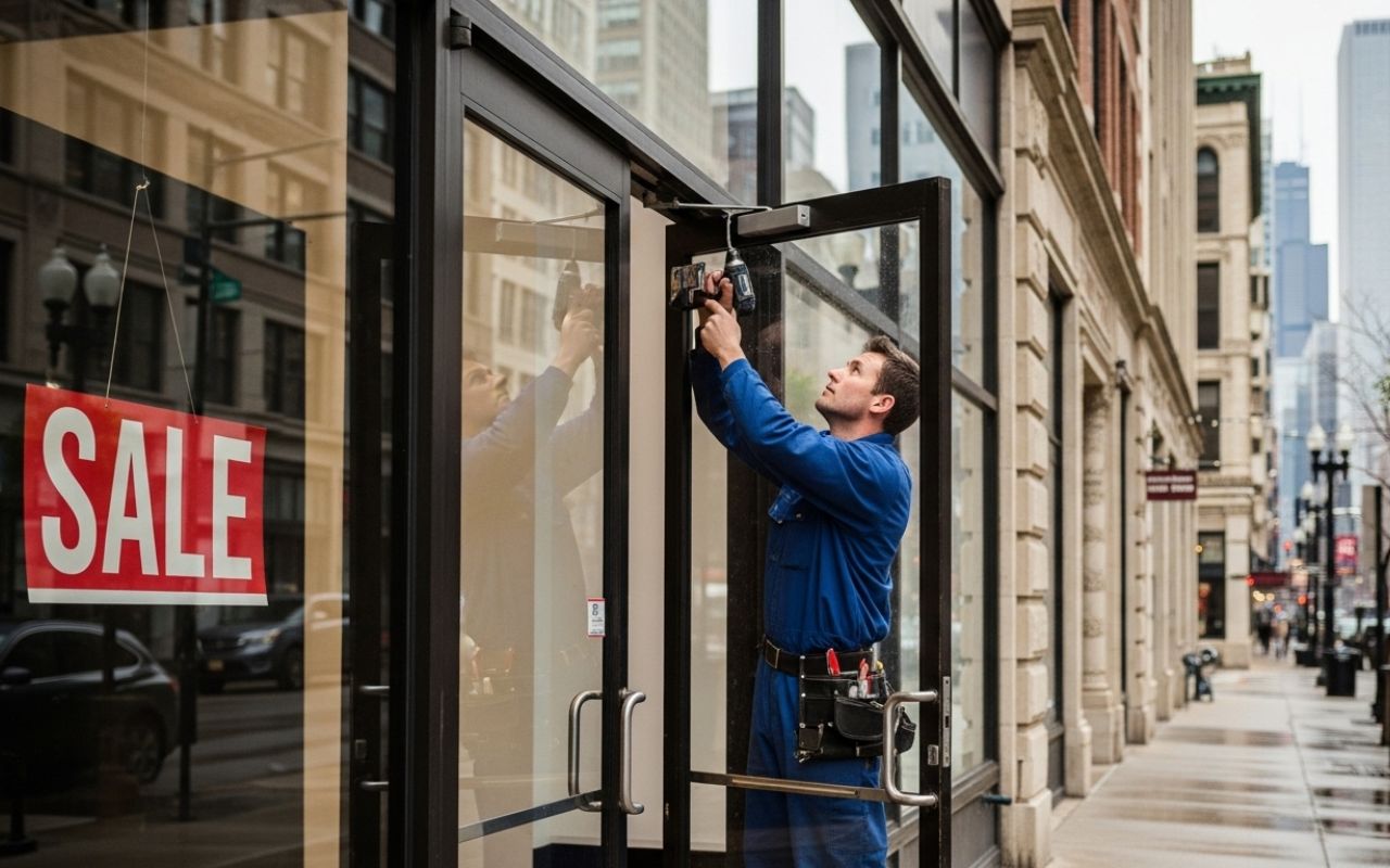 technician performing commercial door maintenance in Chicago on a storefront entrance