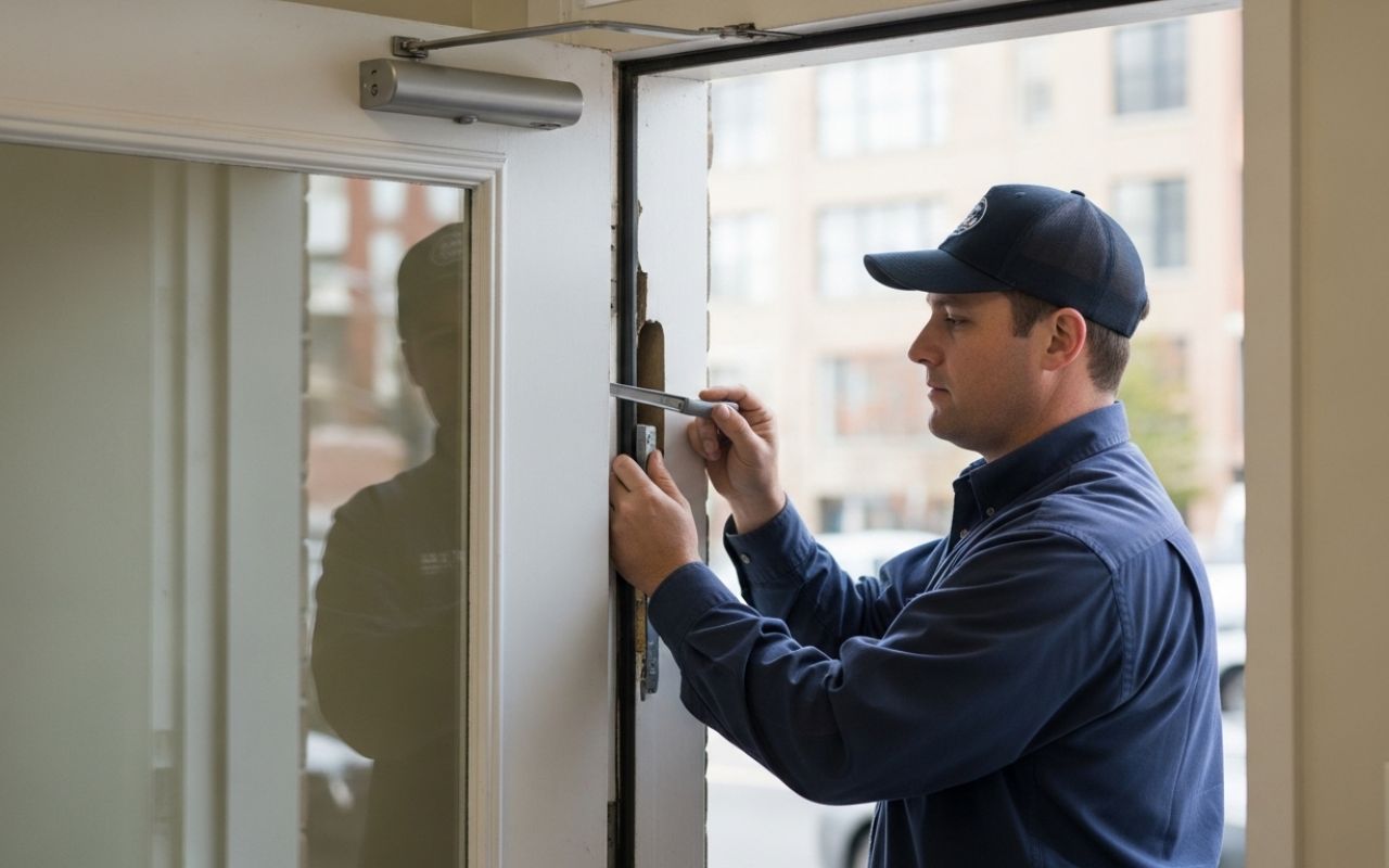 technician performing door closer repair in Chicago on a commercial entry door