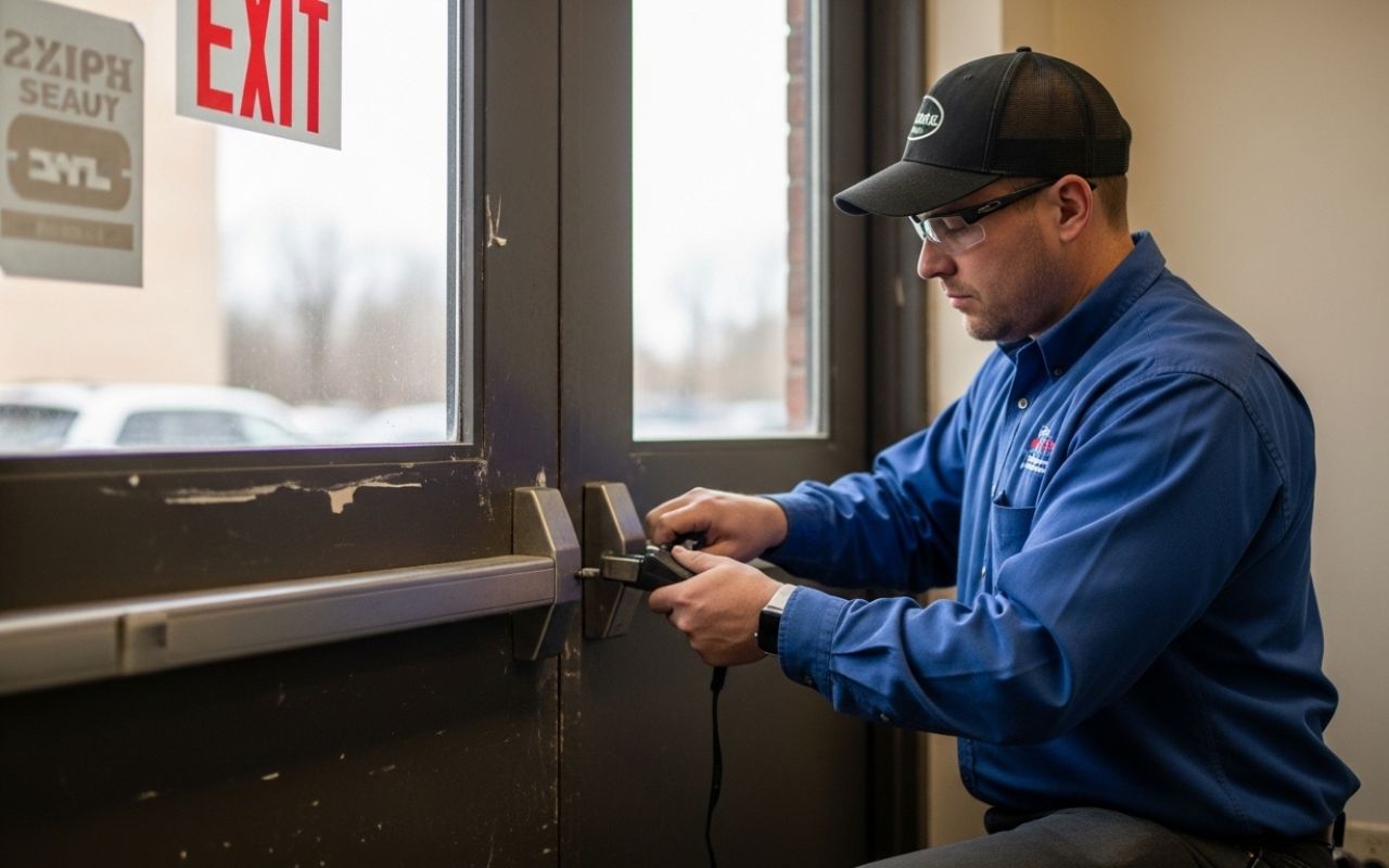 technician completing panic bar repair in Chicago on a commercial exit door