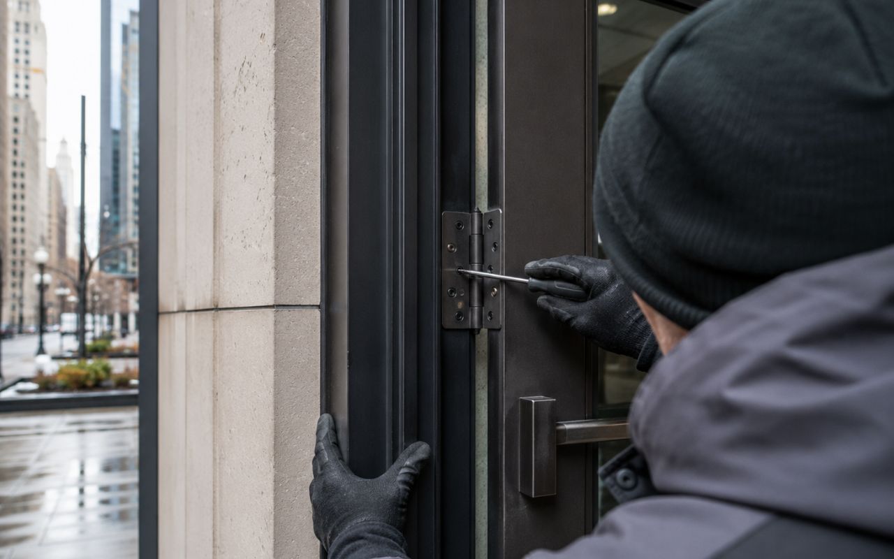 commercial door hinge repair in Chicago for a business entry door