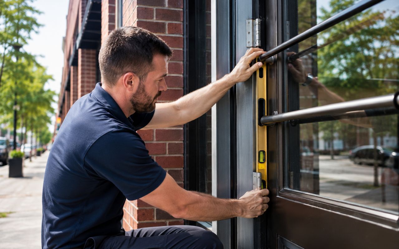 Technician checking commercial door alignment problems summer in Chicago