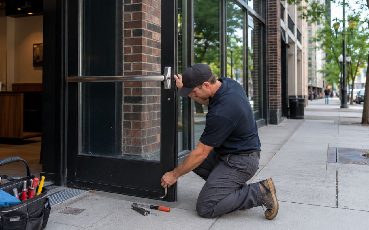 Technician checking commercial door maintenance in Chicago during summer