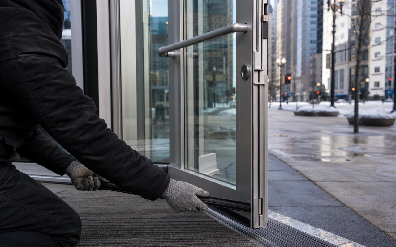 Commercial door weatherproofing in Chicago for a sealed business entry