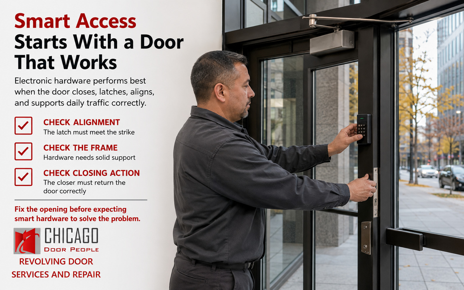 Technician checking smart access hardware, door alignment, frame support, and closing action.