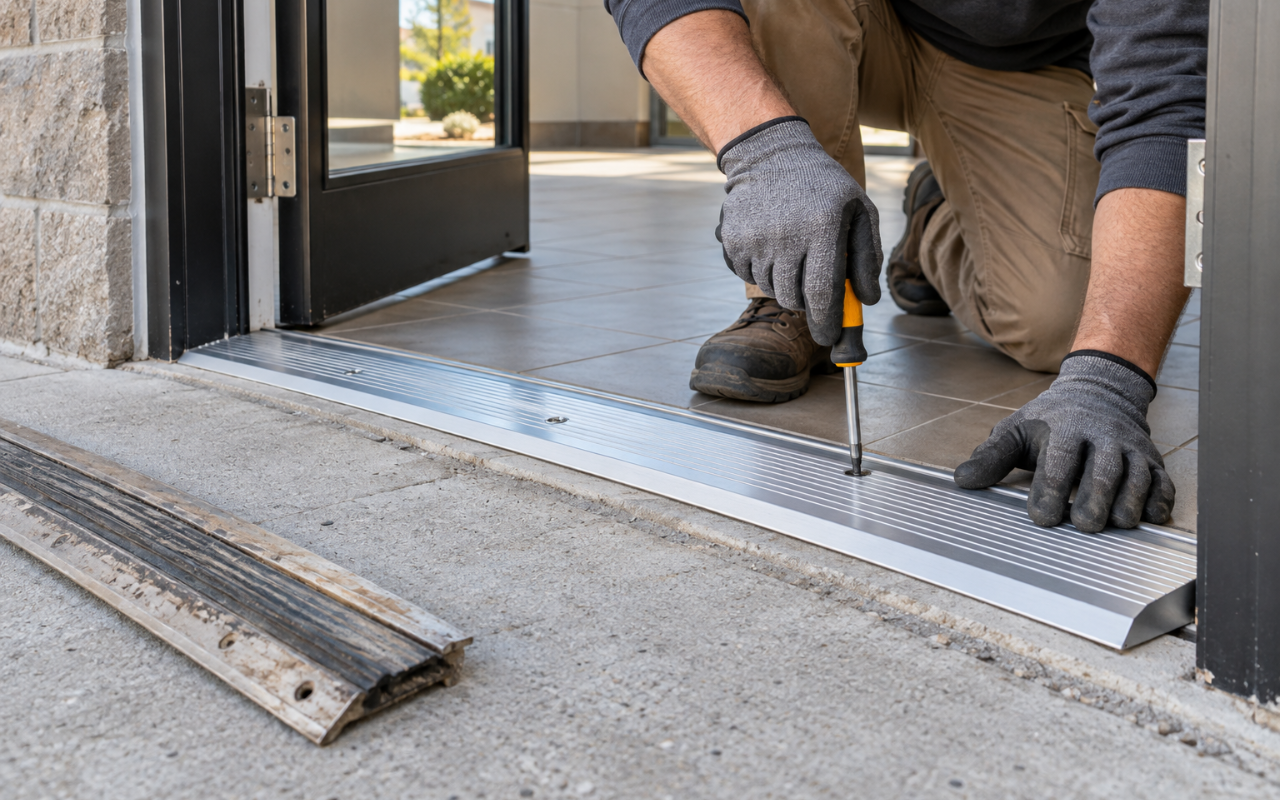 Commercial door threshold replacement on an exterior entrance