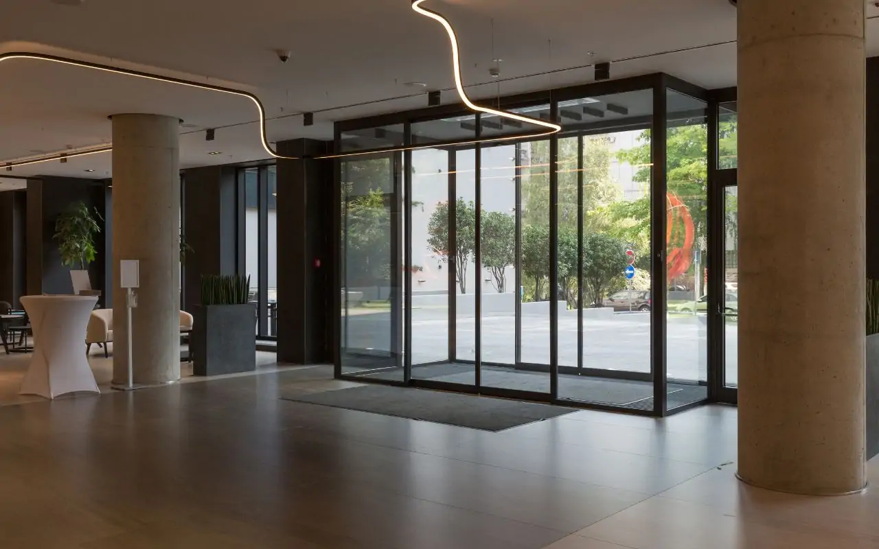 Modern commercial interior glass doors in a Chicago office