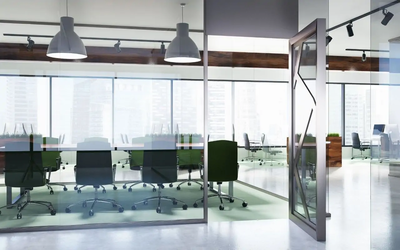 Office entry with safety glass double doors installed