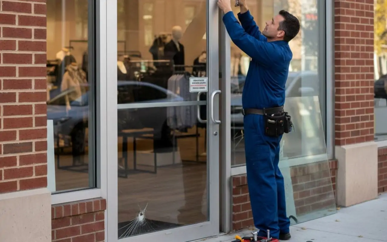 Retail aluminum storefront door with new glass replacement and hardware in Chicago.