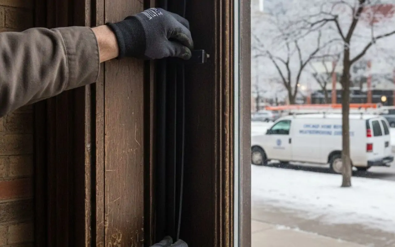 Technician installing Door Weather Stripping Chicago on a metal entry door.