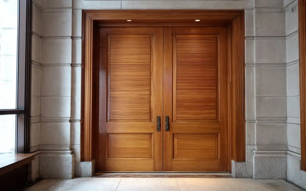 Commercial wood door refinishing in Chicago on lobby doors