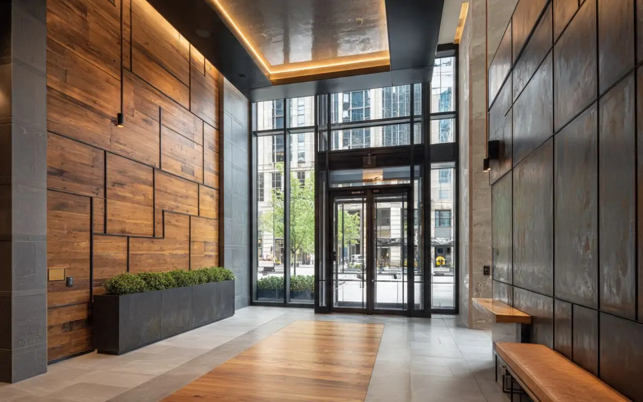 Hollow metal door frames in Chicago in a modern lobby entry